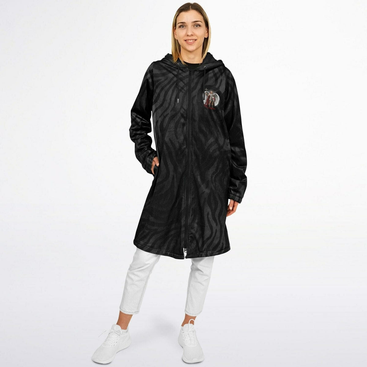 St. Michael the Archangel Victorious Zipper Microfleece Cloak (Black Platinum Stripe) Copyright VENXARA