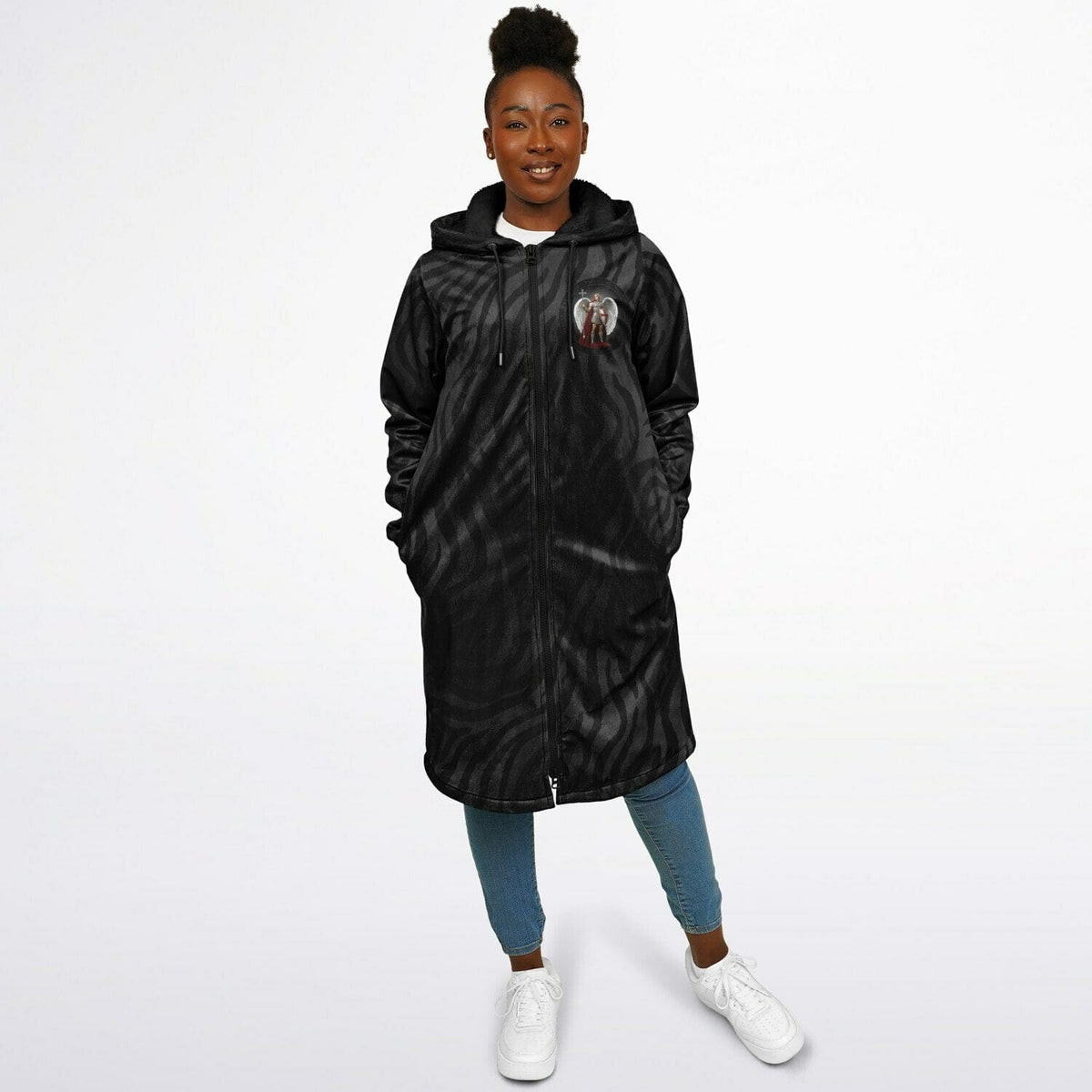 St. Michael the Archangel Victorious Zipper Microfleece Cloak (Black Platinum Stripe) Copyright VENXARA