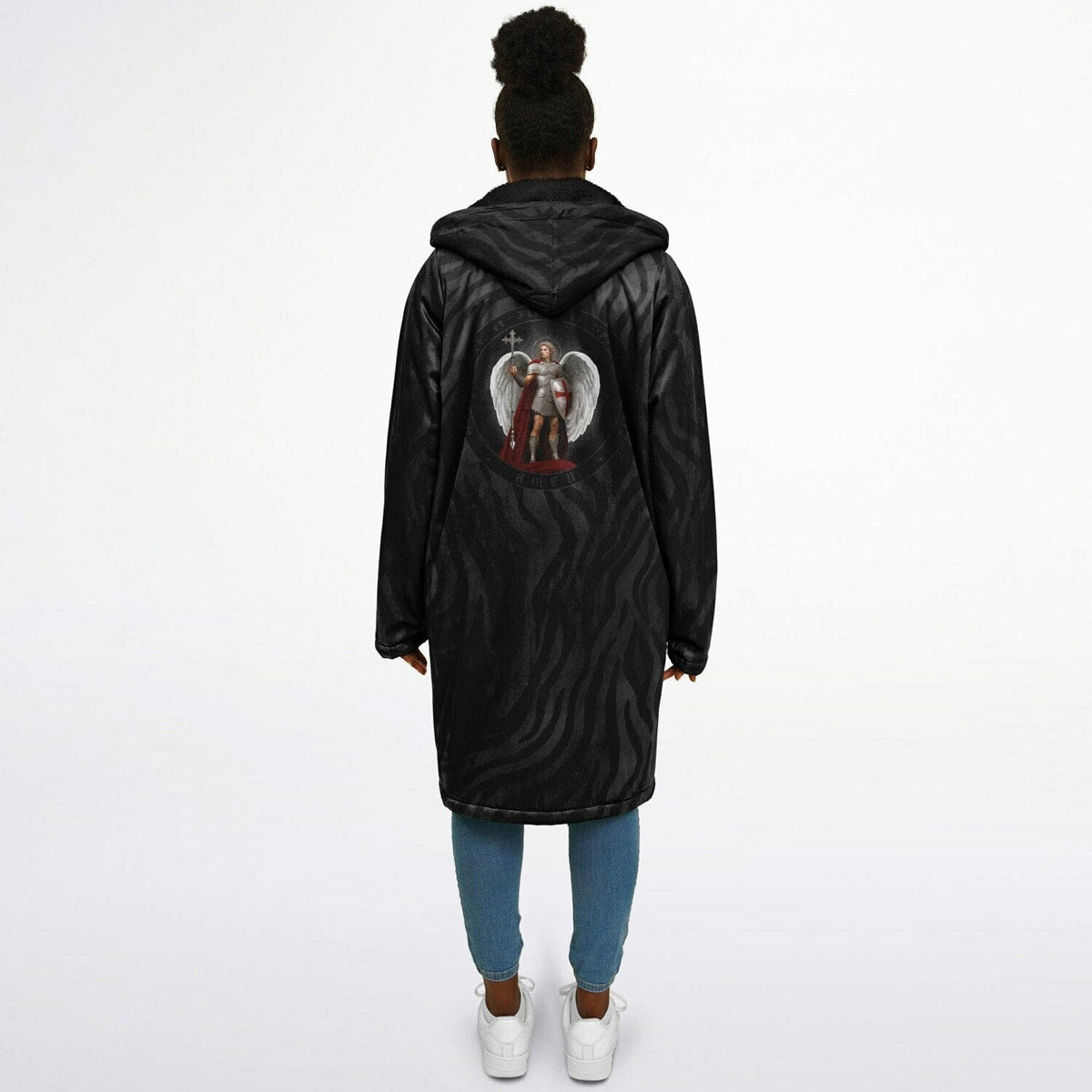 St. Michael the Archangel Victorious Zipper Microfleece Cloak (Black Platinum Stripe) Copyright VENXARA