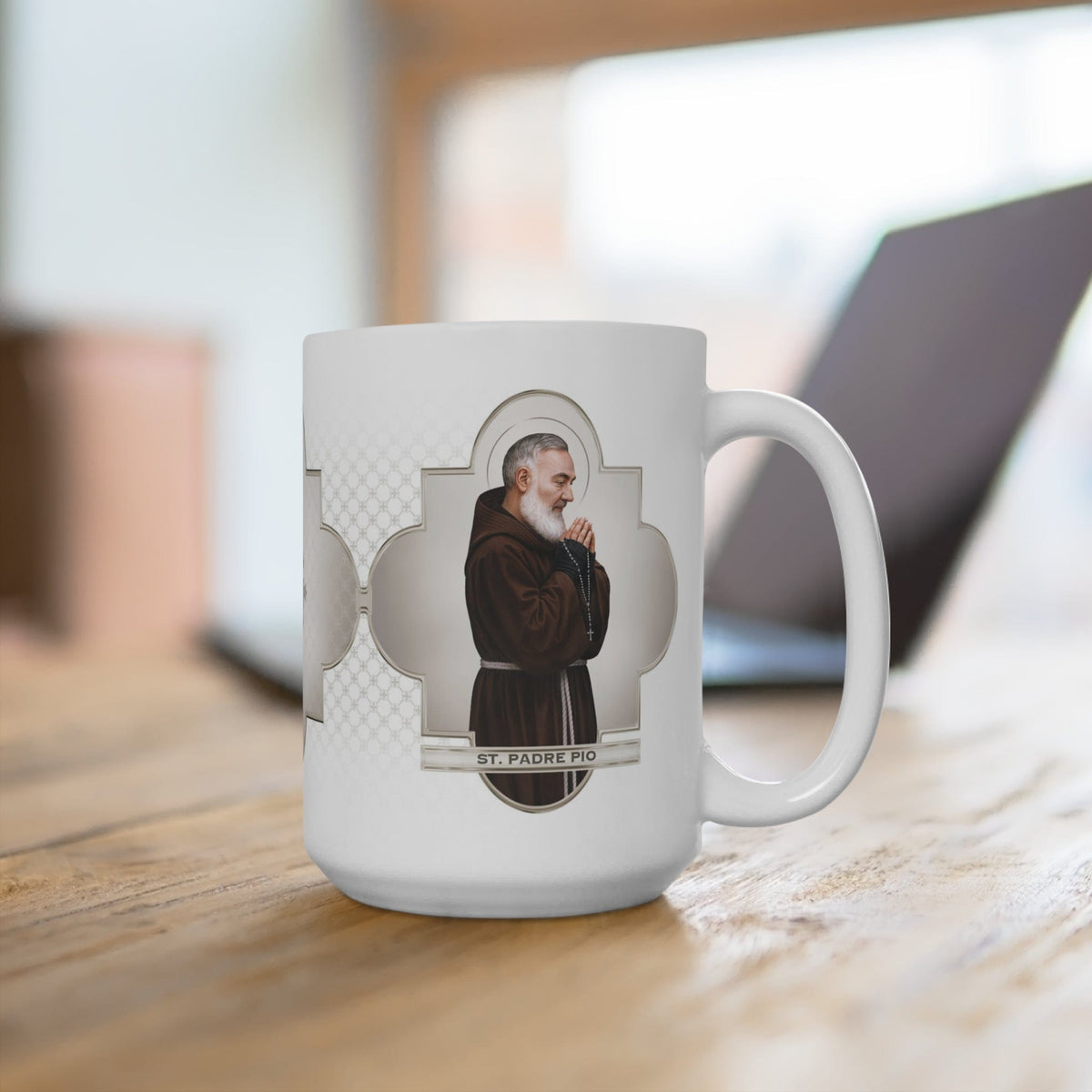 St. Padre Pio Ceramic Mug (White 15 oz) Copyright VENXARA