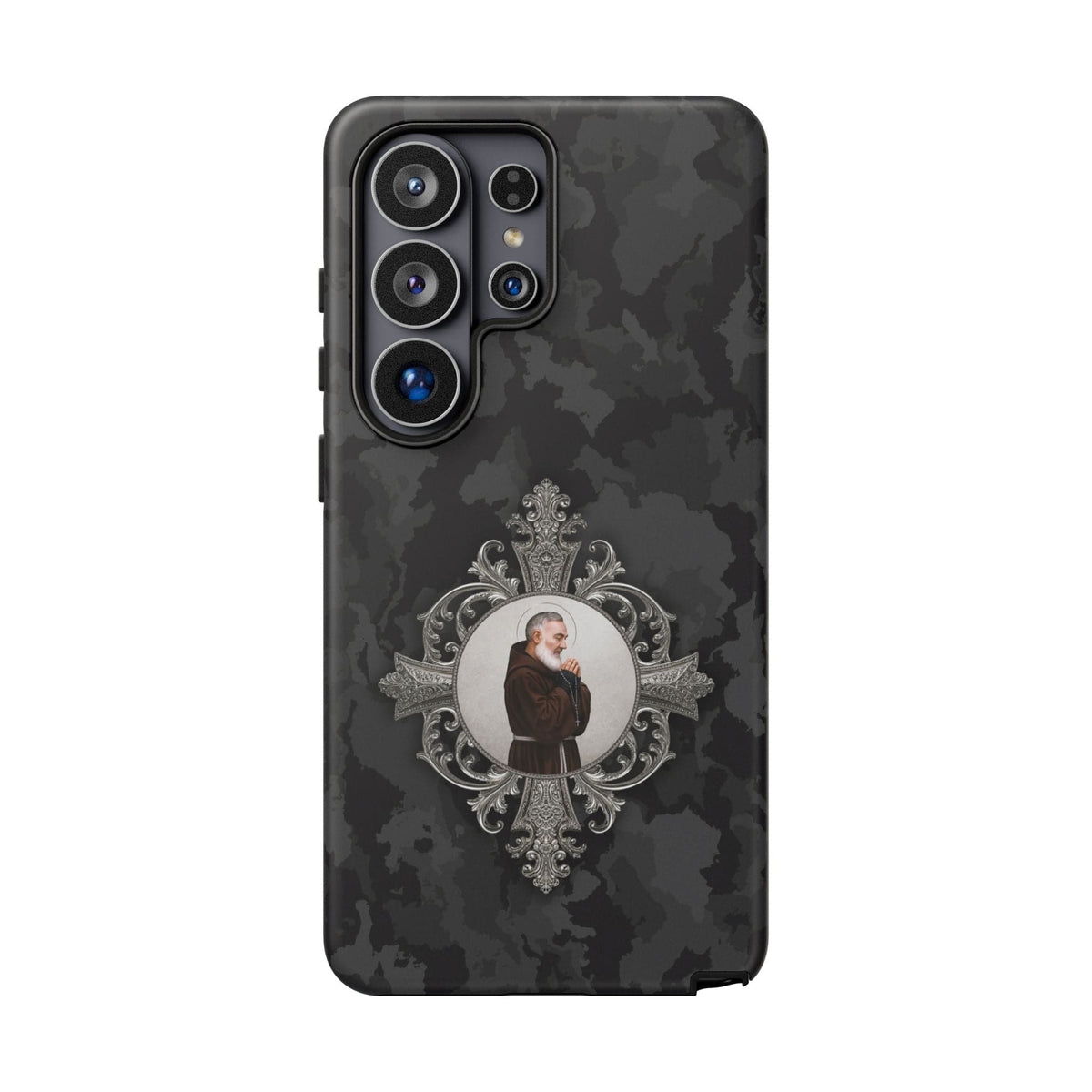St. Padre Pio Hard Phone Case (Black Camo) Copyright VENXARA