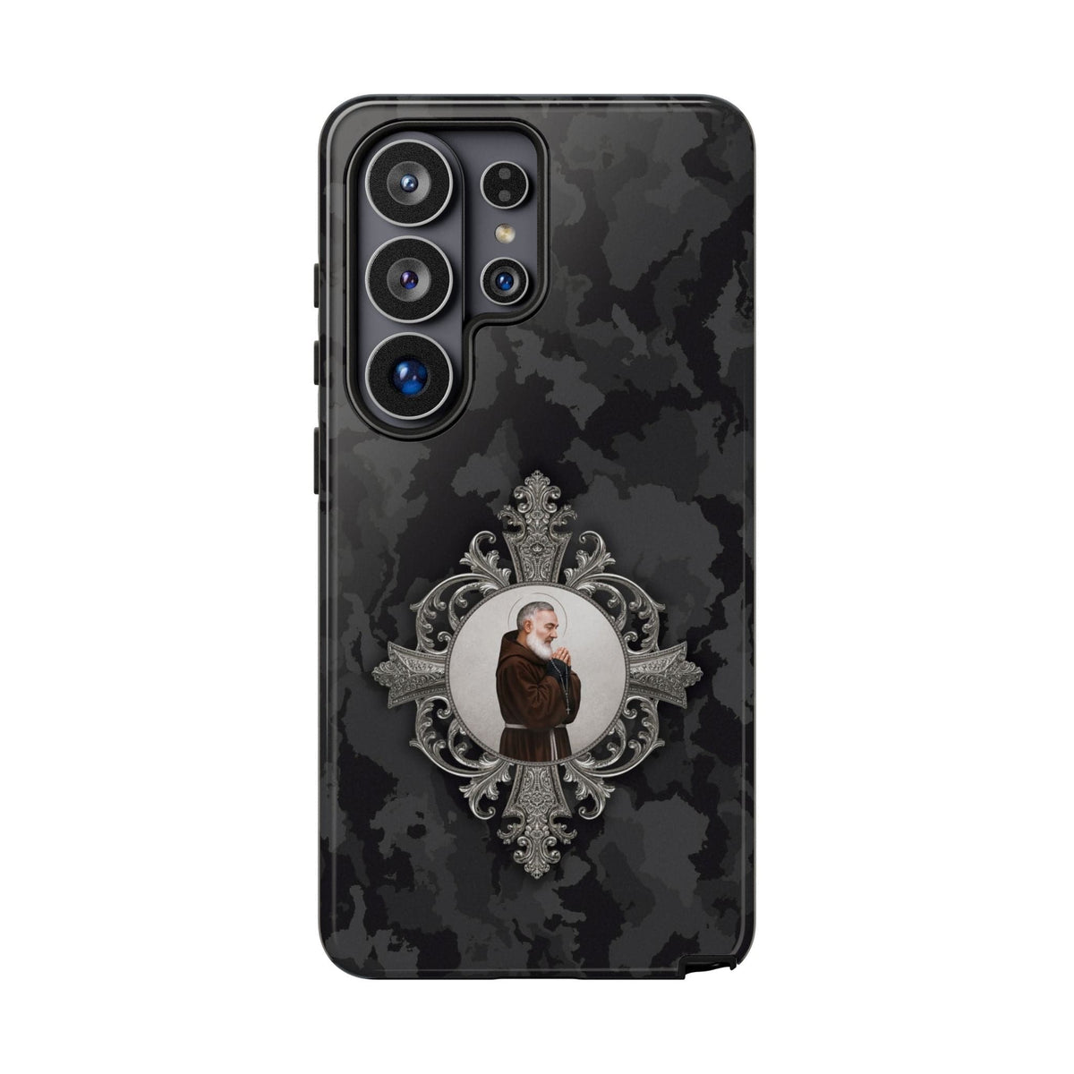 St. Padre Pio Hard Phone Case (Black Camo) Copyright VENXARA