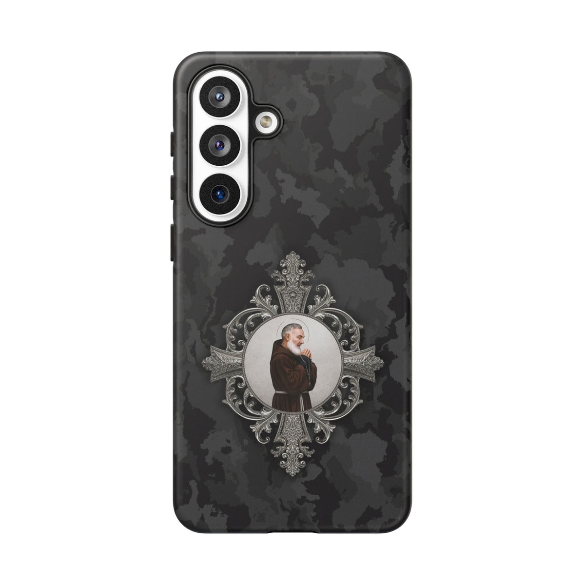St. Padre Pio Hard Phone Case (Black Camo) Copyright VENXARA