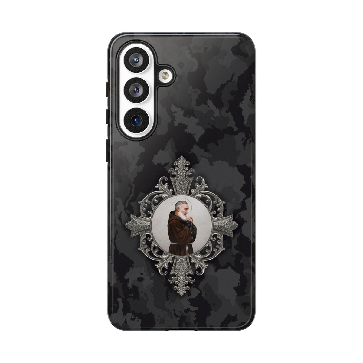 St. Padre Pio Hard Phone Case (Black Camo) Copyright VENXARA