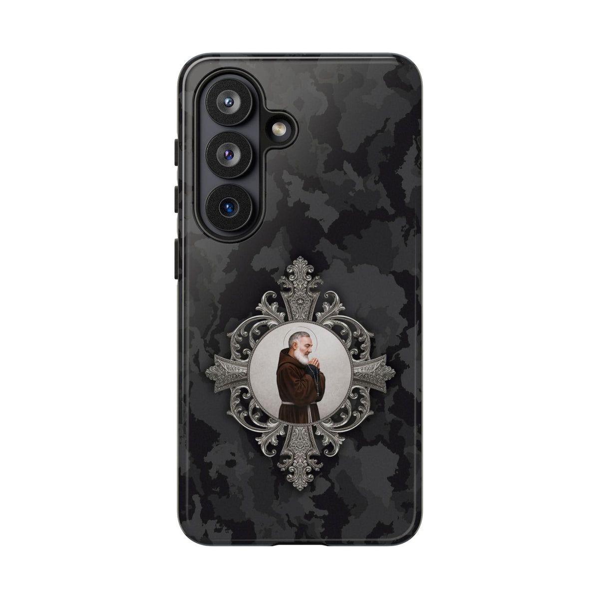 St. Padre Pio Hard Phone Case (Black Camo) Copyright VENXARA
