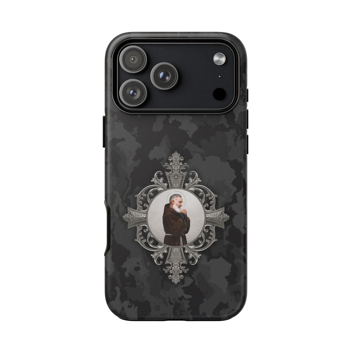 St. Padre Pio Hard Phone Case (Black Camo) Copyright VENXARA