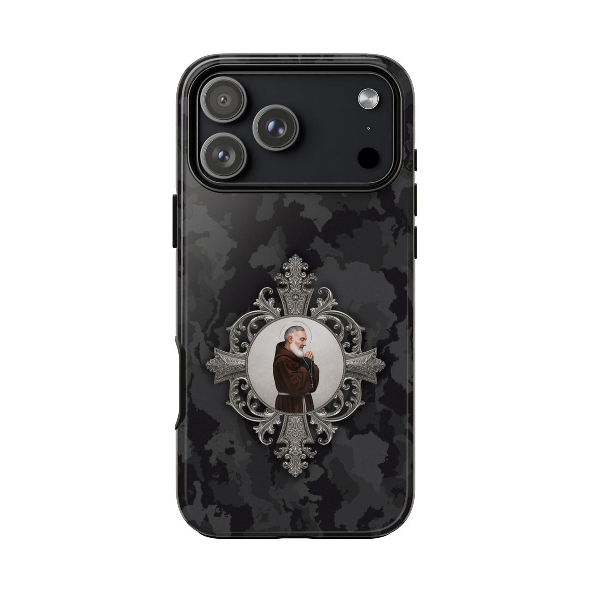 St. Padre Pio Hard Phone Case (Black Camo) Copyright VENXARA