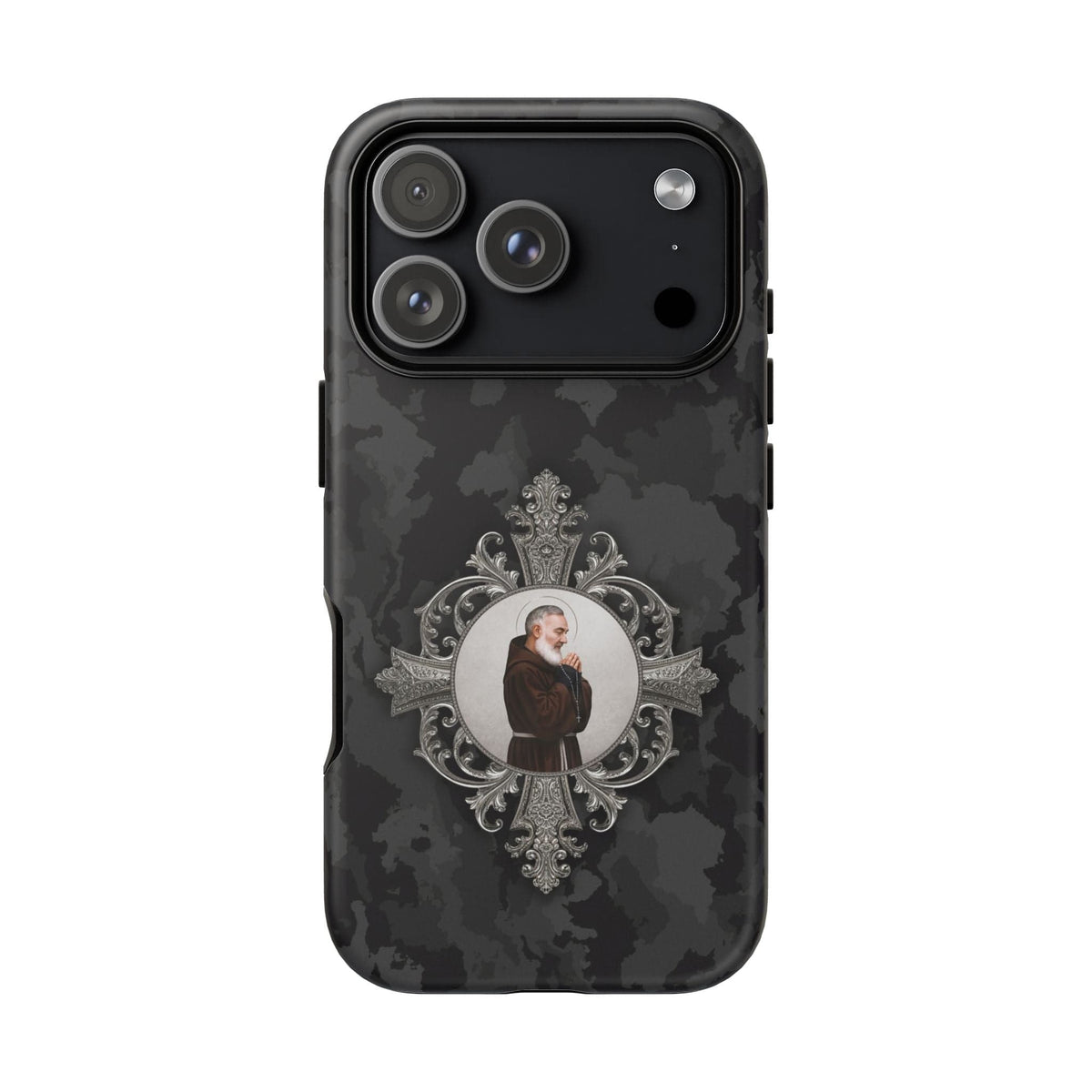 St. Padre Pio Hard Phone Case (Black Camo) Copyright VENXARA