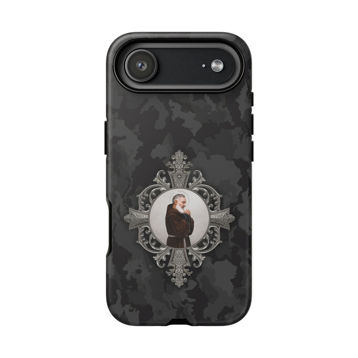 St. Padre Pio Hard Phone Case (Black Camo) Copyright VENXARA