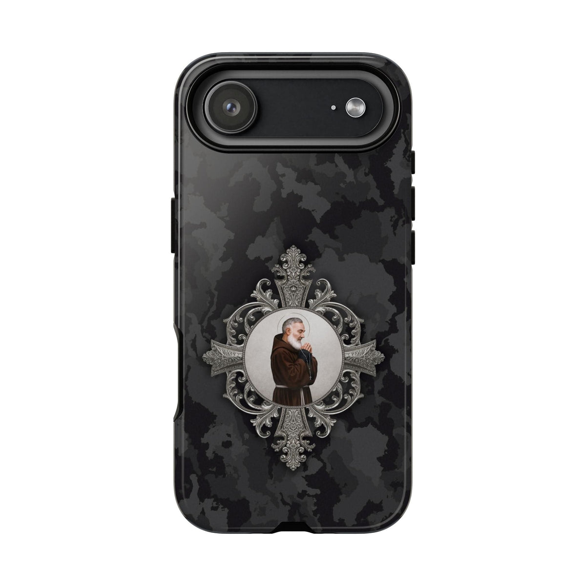 St. Padre Pio Hard Phone Case (Black Camo) Copyright VENXARA
