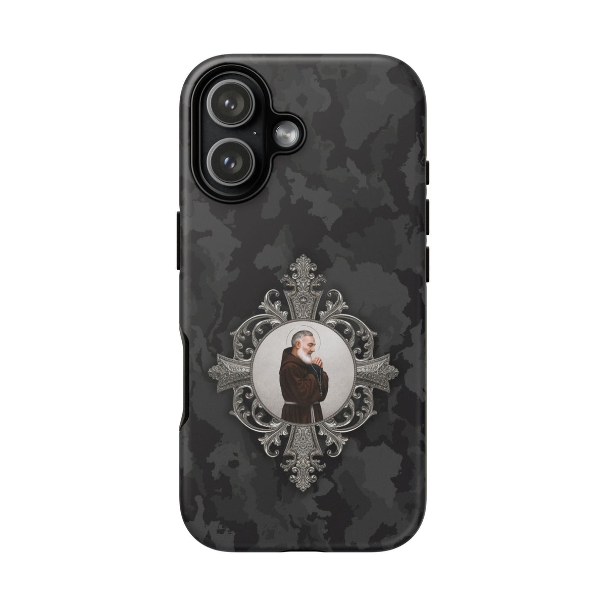 St. Padre Pio Hard Phone Case (Black Camo) Copyright VENXARA