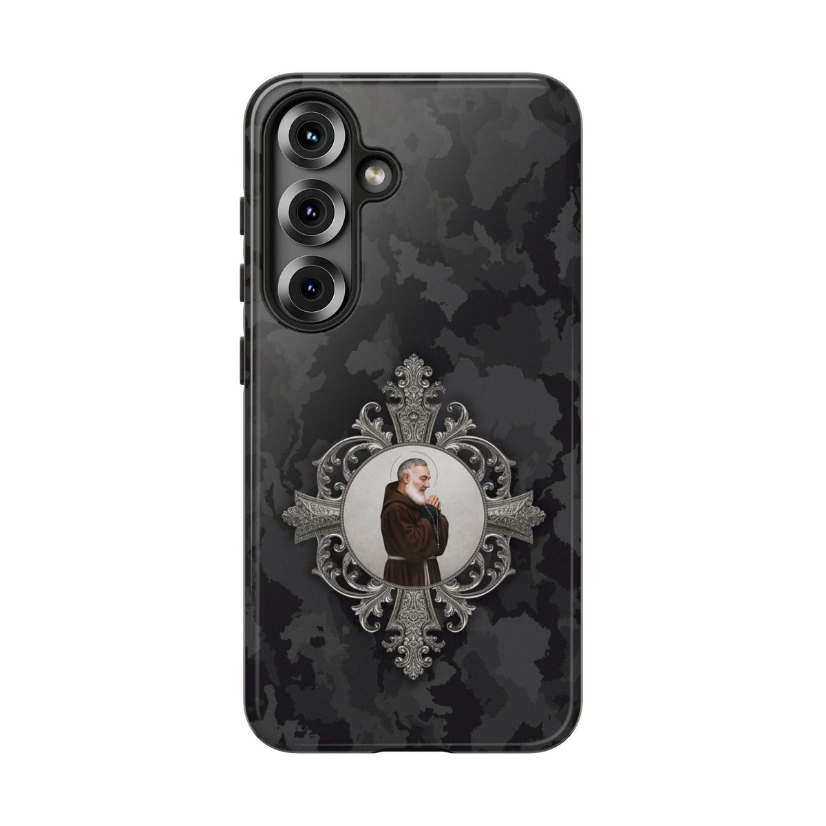 St. Padre Pio Hard Phone Case (Black Camo) Copyright VENXARA