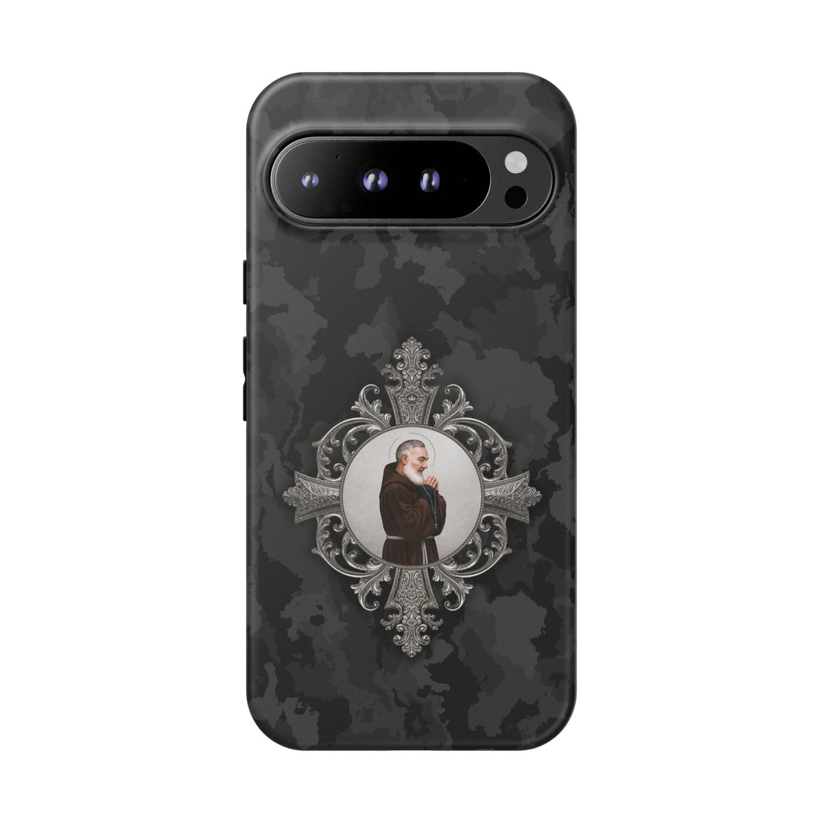 St. Padre Pio Hard Phone Case (Black Camo) Copyright VENXARA
