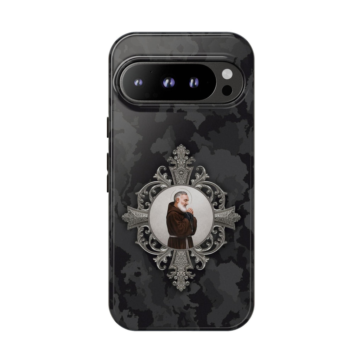 St. Padre Pio Hard Phone Case (Black Camo) Copyright VENXARA