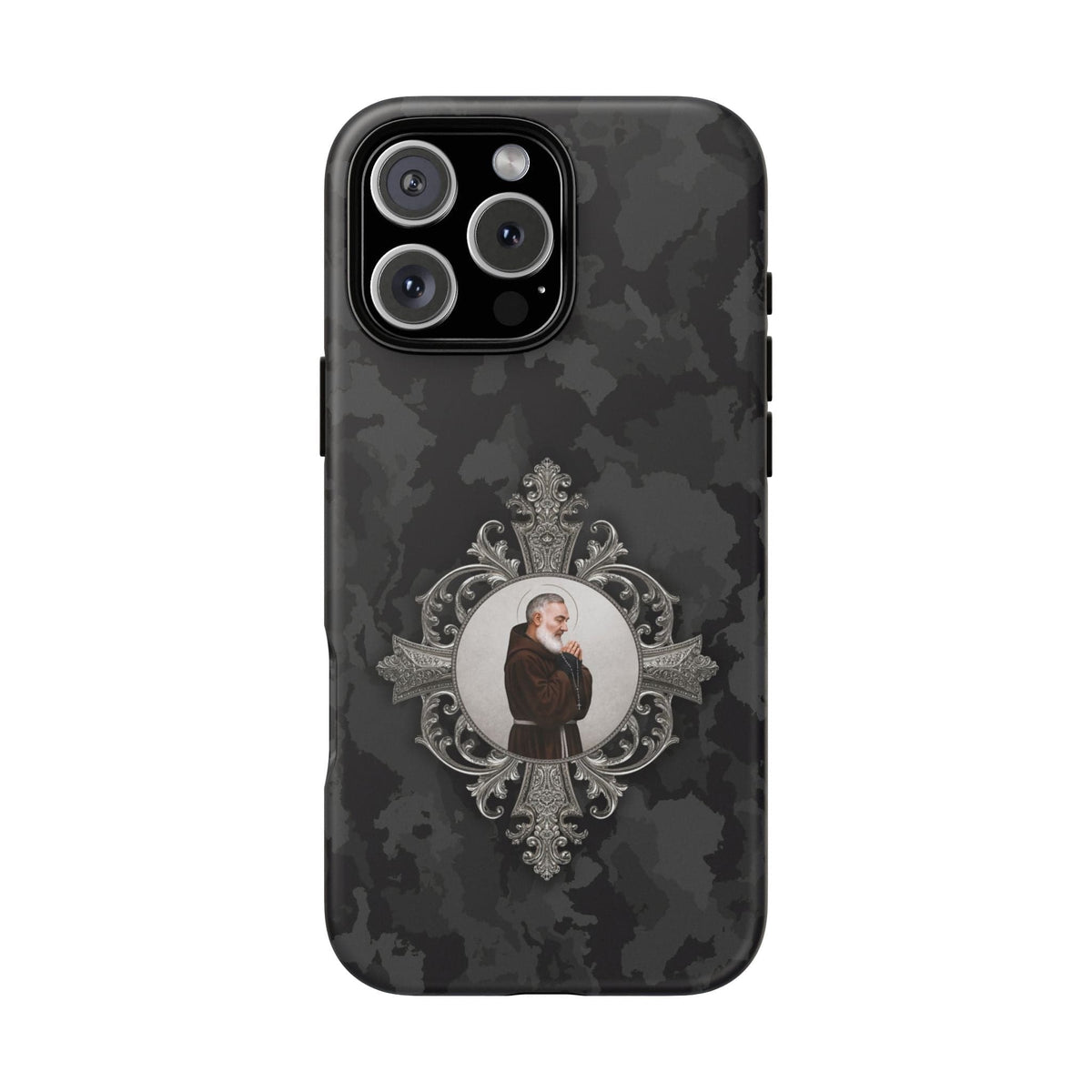St. Padre Pio Hard Phone Case (Black Camo) Copyright VENXARA