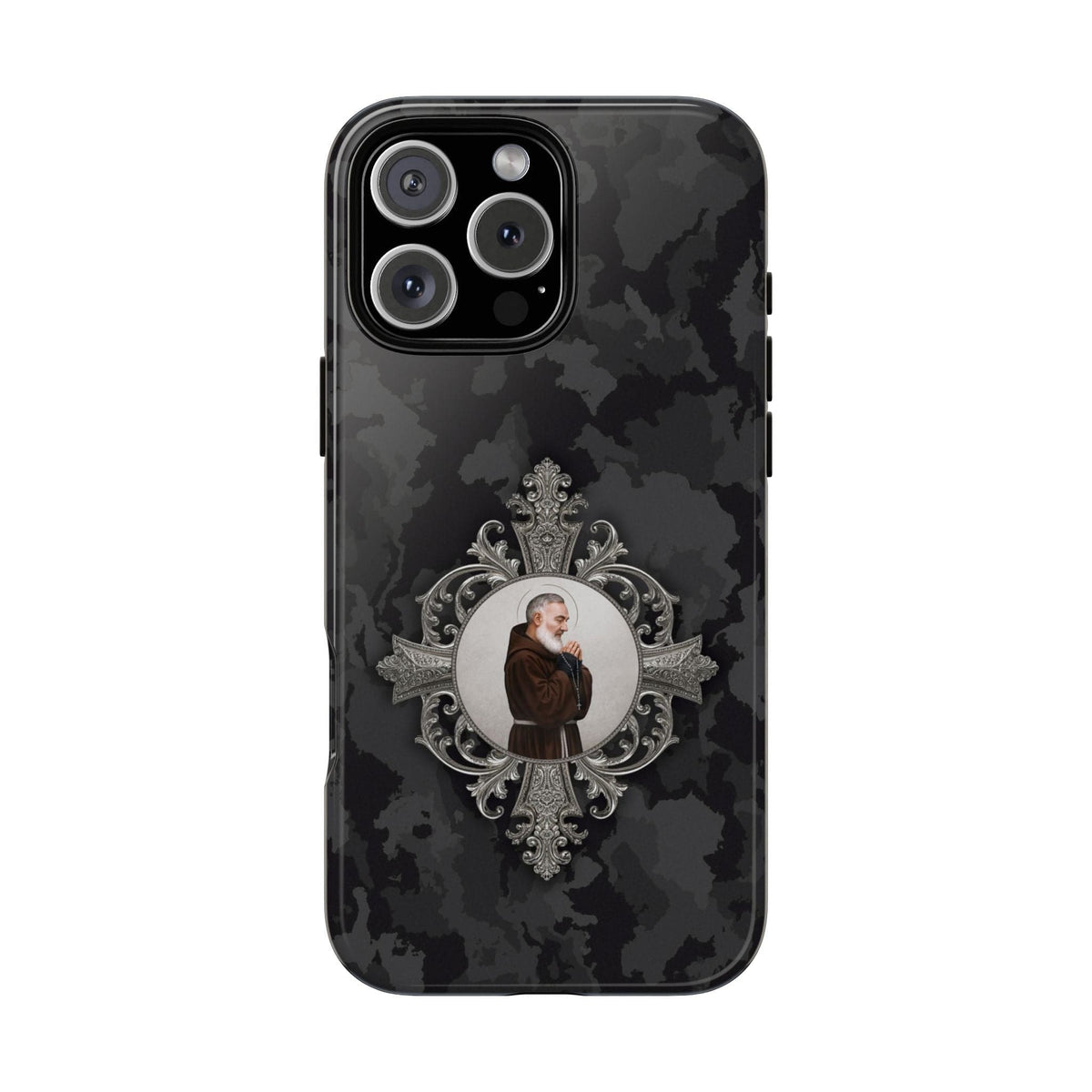 St. Padre Pio Hard Phone Case (Black Camo) Copyright VENXARA