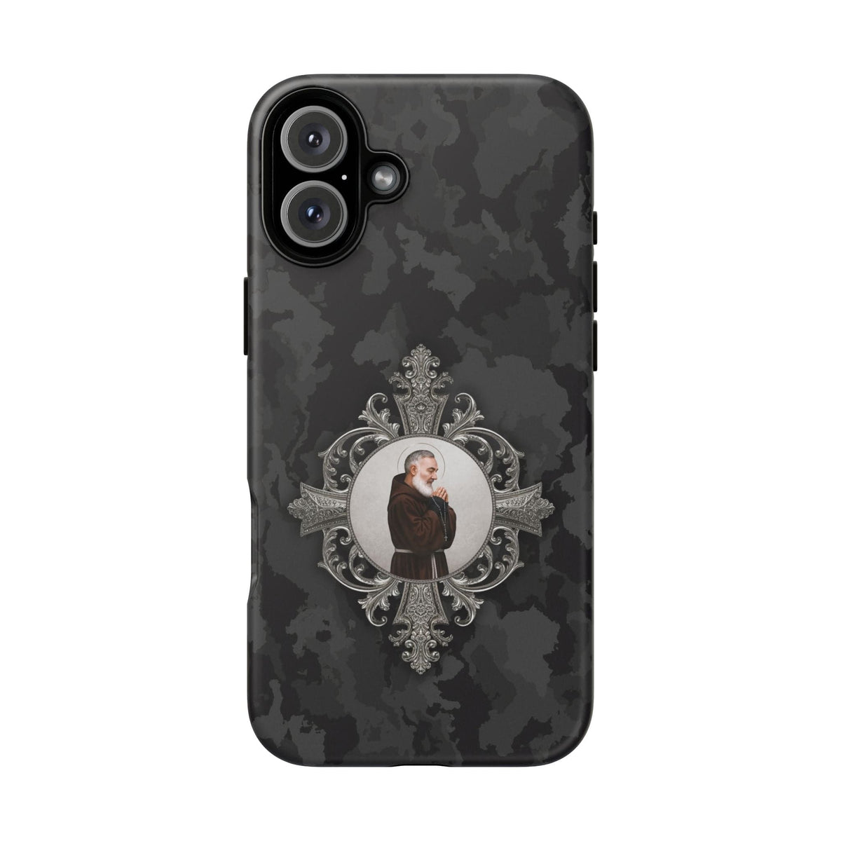 St. Padre Pio Hard Phone Case (Black Camo) Copyright VENXARA