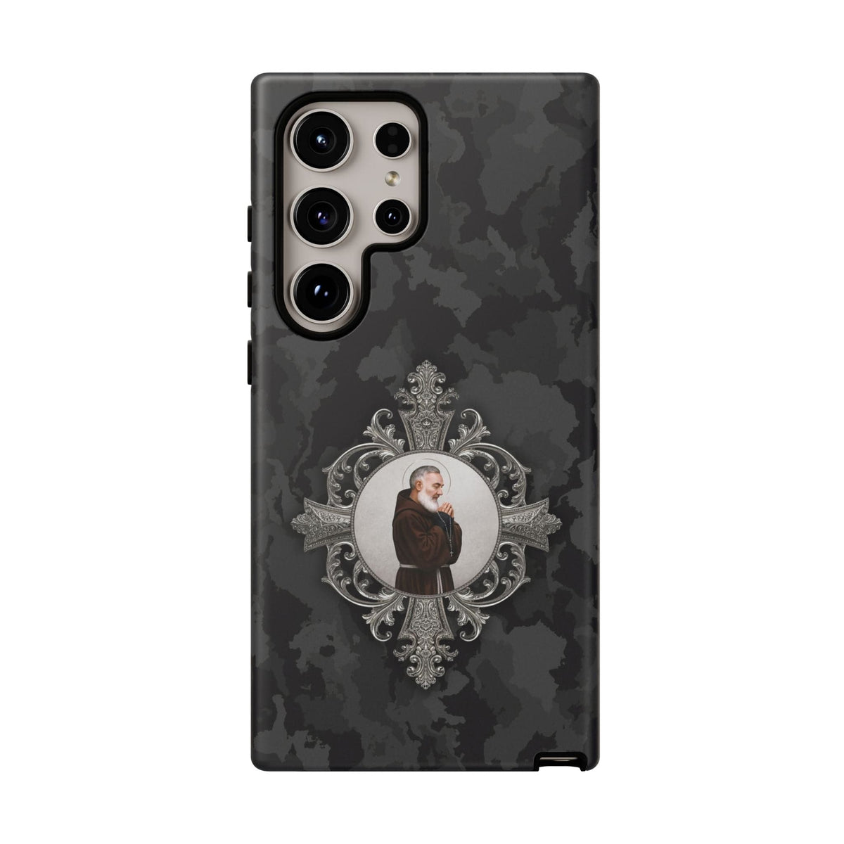St. Padre Pio Hard Phone Case (Black Camo) Copyright VENXARA