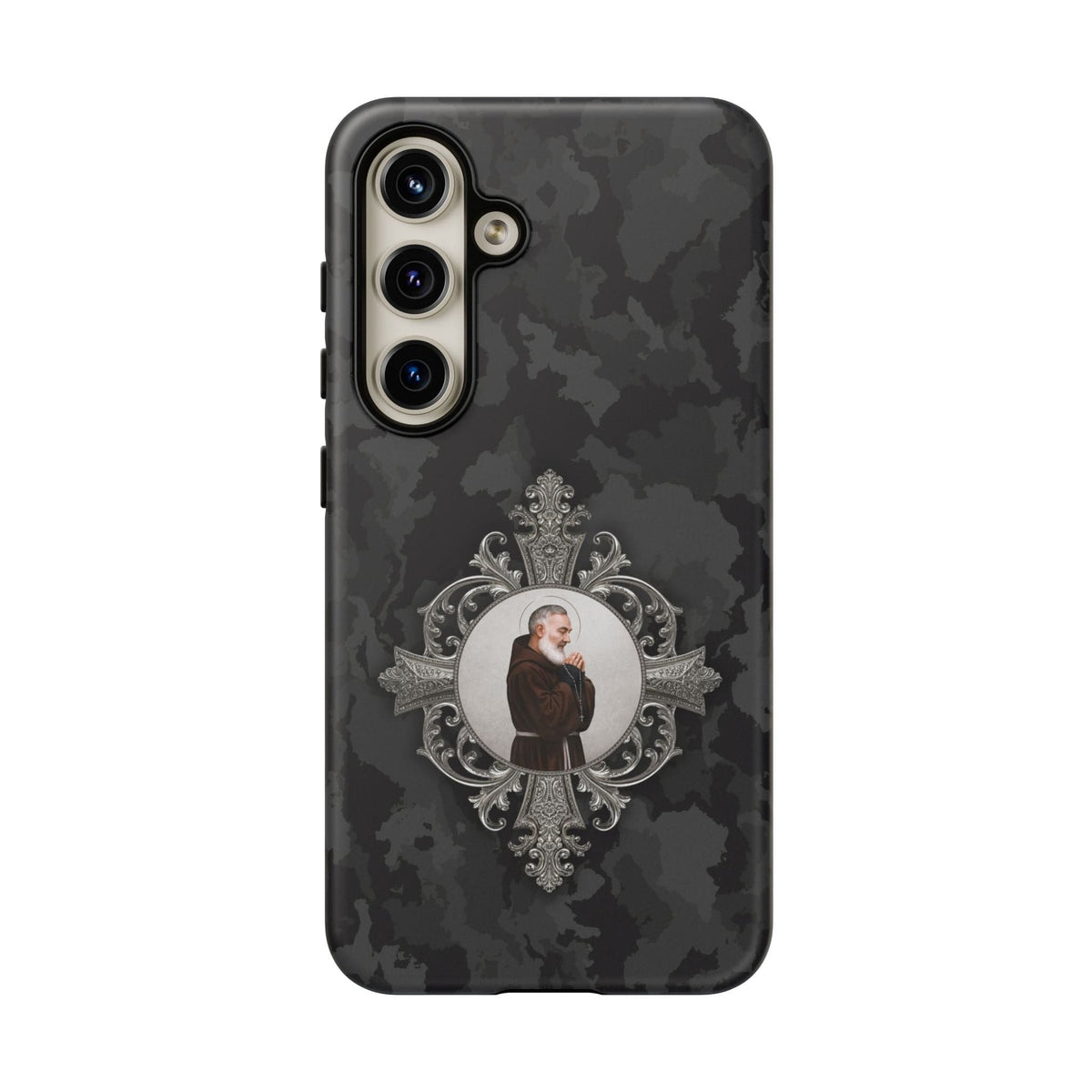 St. Padre Pio Hard Phone Case (Black Camo) Copyright VENXARA