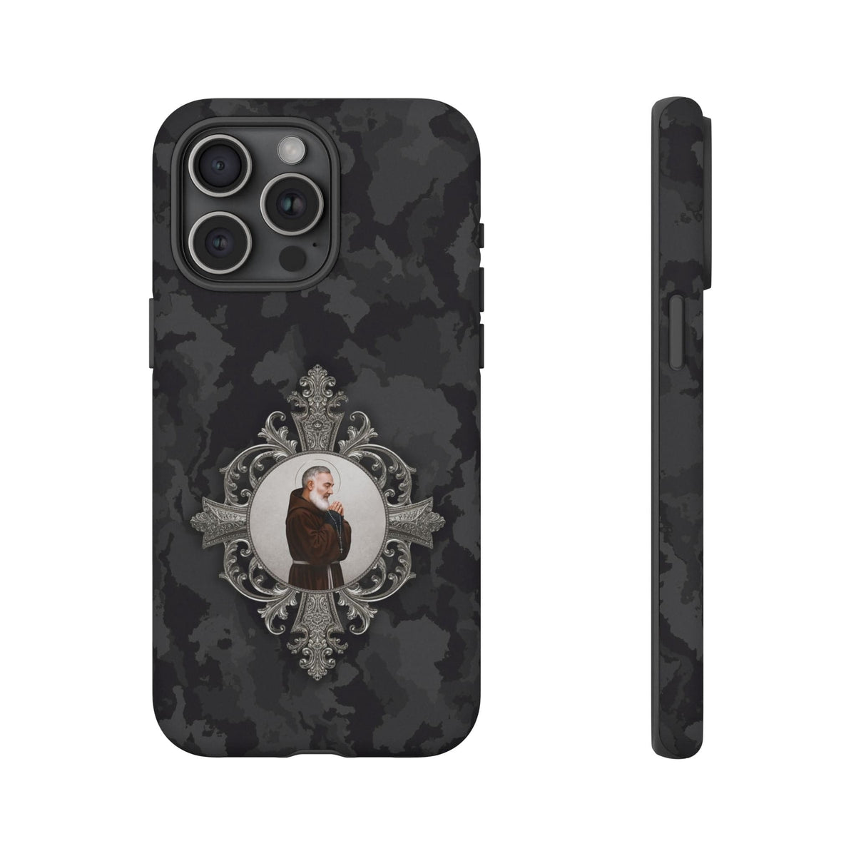 St. Padre Pio Hard Phone Case (Black Camo) Copyright VENXARA