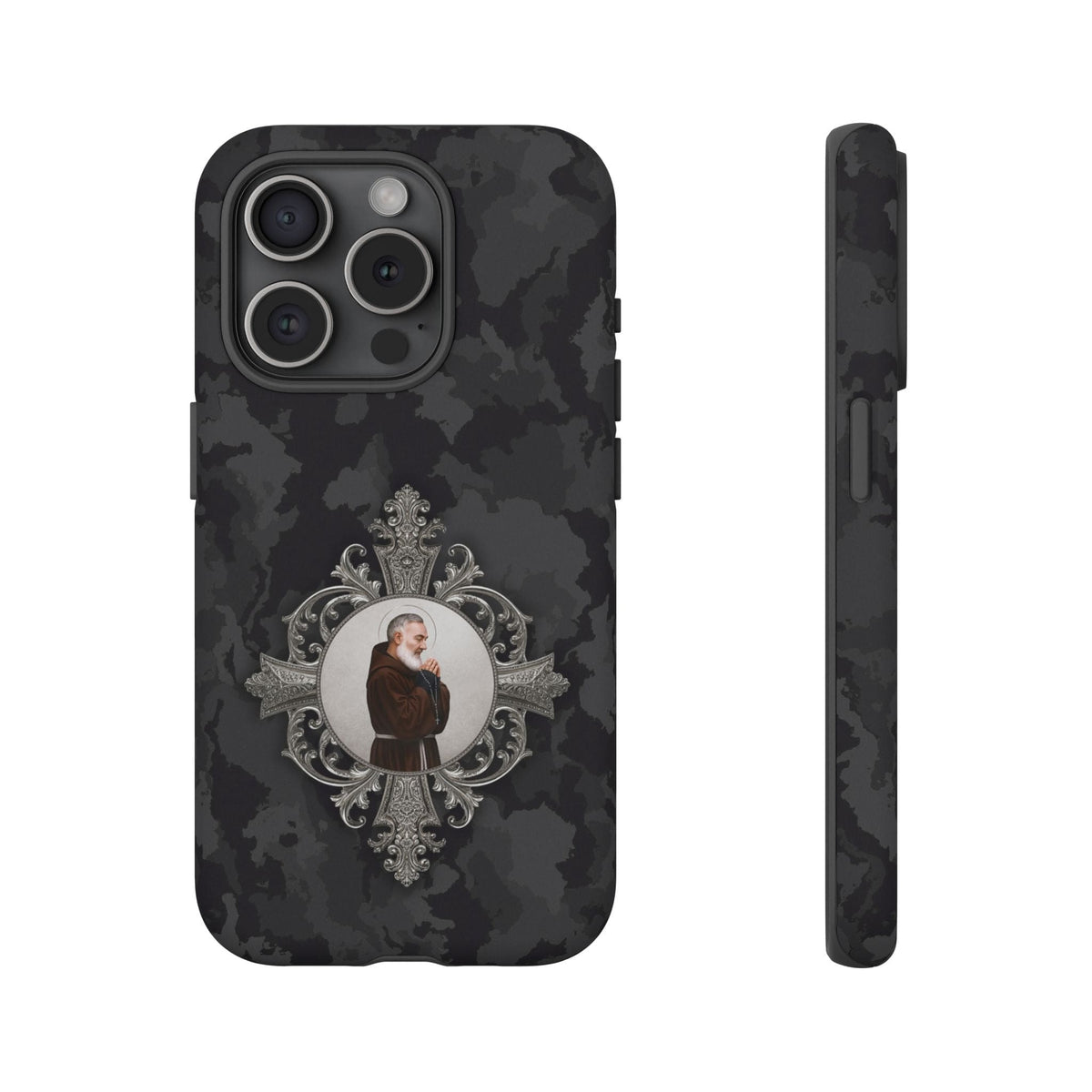 St. Padre Pio Hard Phone Case (Black Camo) Copyright VENXARA