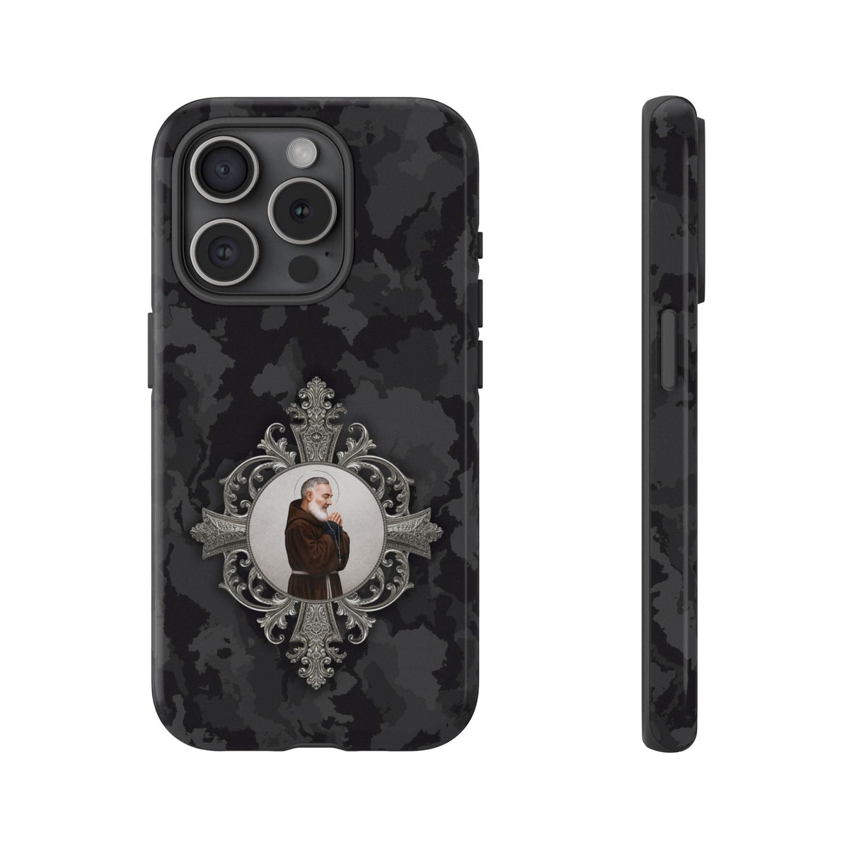 St. Padre Pio Hard Phone Case (Black Camo) Copyright VENXARA