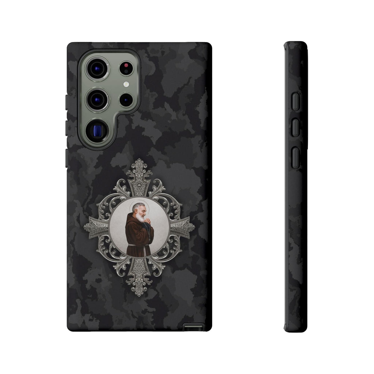St. Padre Pio Hard Phone Case (Black Camo) Copyright VENXARA