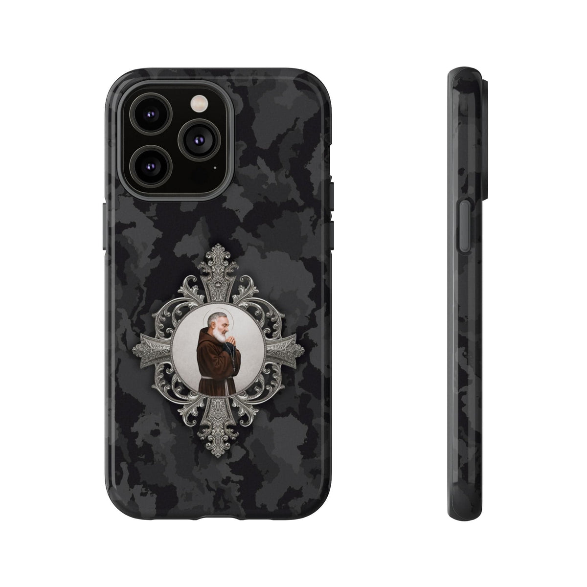 St. Padre Pio Hard Phone Case (Black Camo) Copyright VENXARA