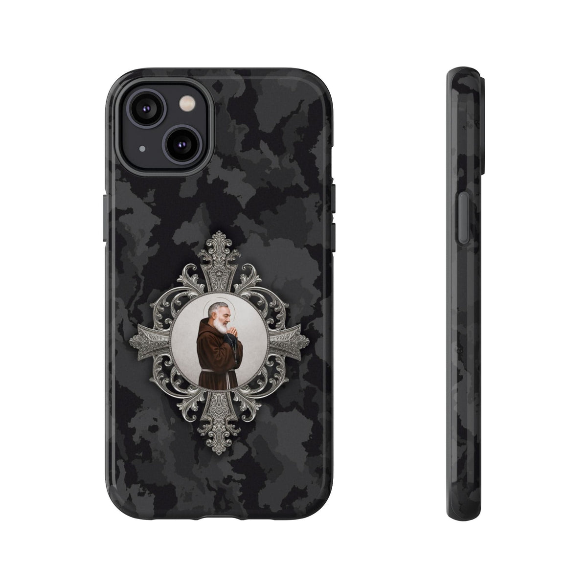 St. Padre Pio Hard Phone Case (Black Camo) Copyright VENXARA