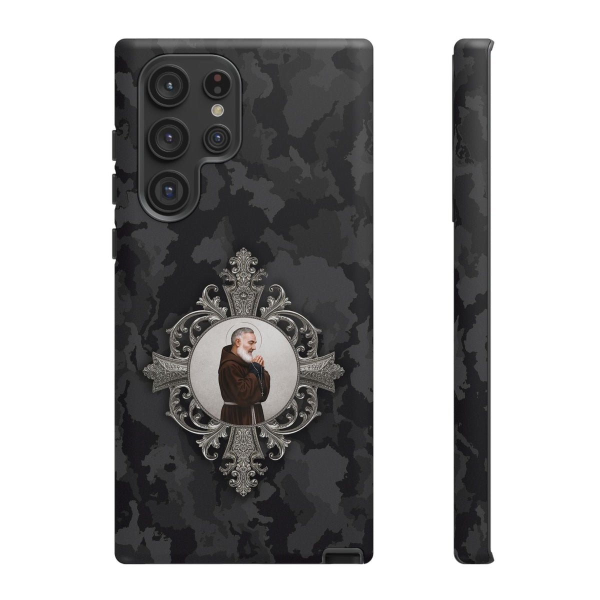 St. Padre Pio Hard Phone Case (Black Camo) Copyright VENXARA