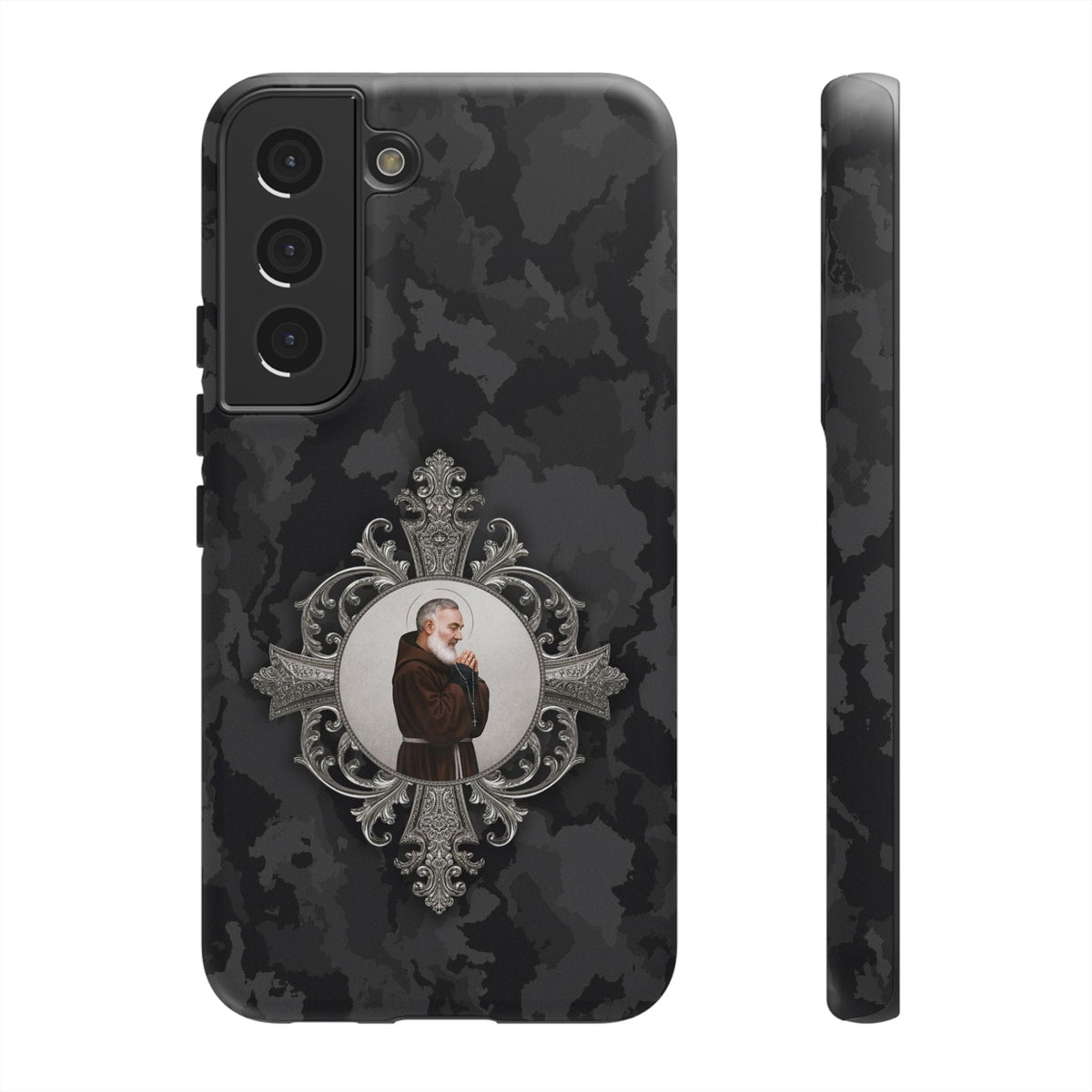 St. Padre Pio Hard Phone Case (Black Camo) Copyright VENXARA