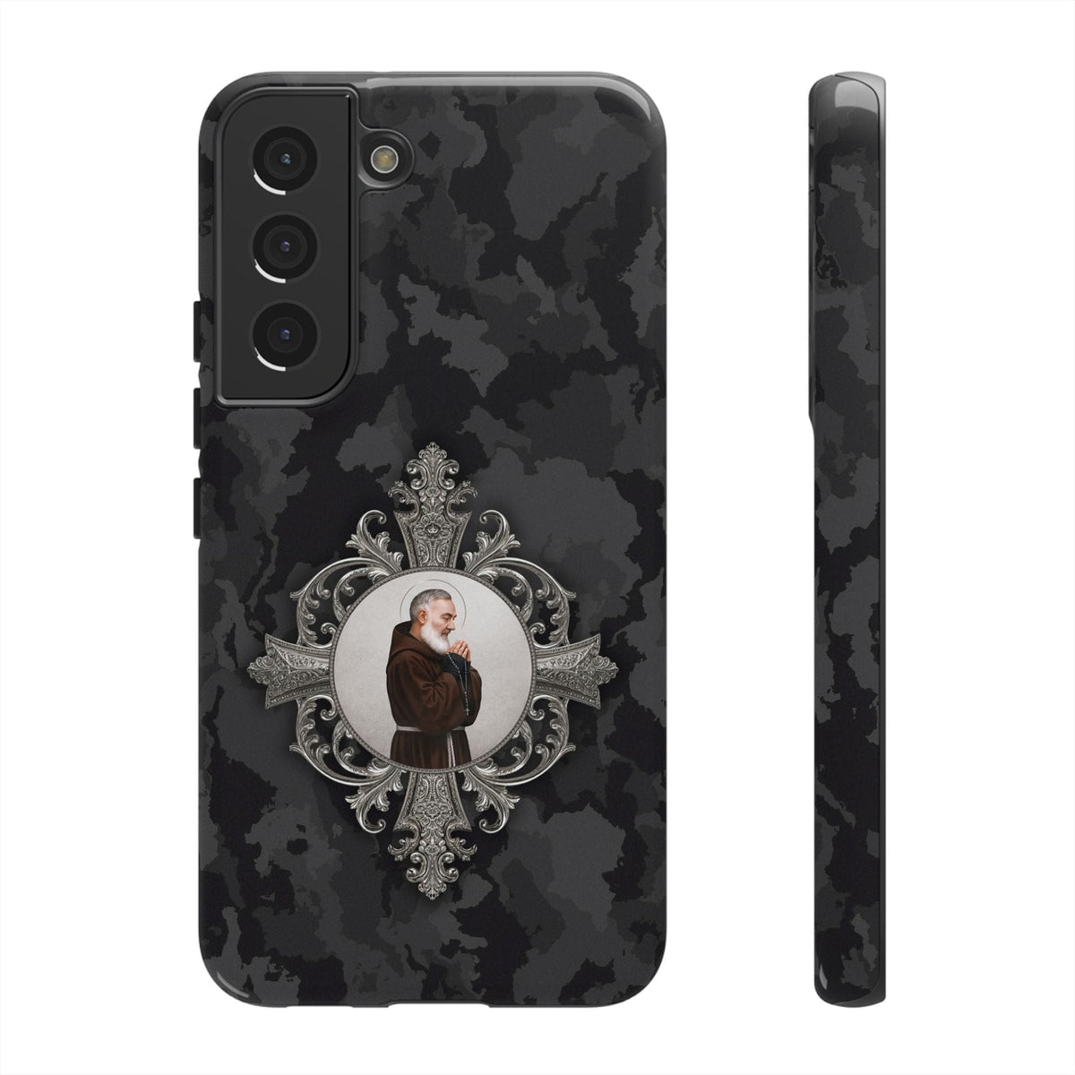 St. Padre Pio Hard Phone Case (Black Camo) Copyright VENXARA