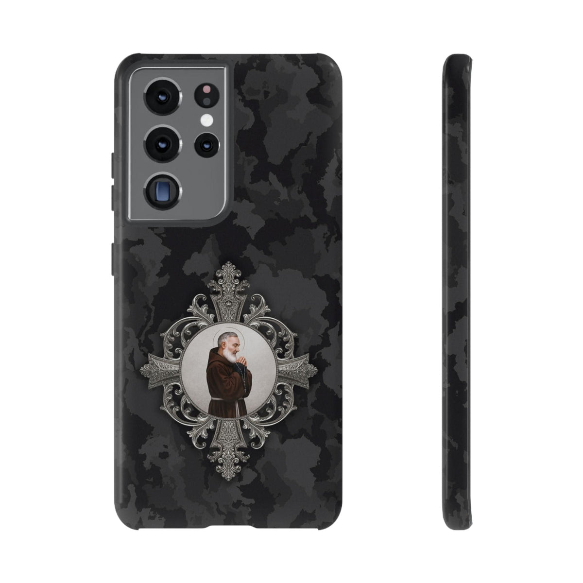 St. Padre Pio Hard Phone Case (Black Camo) Copyright VENXARA