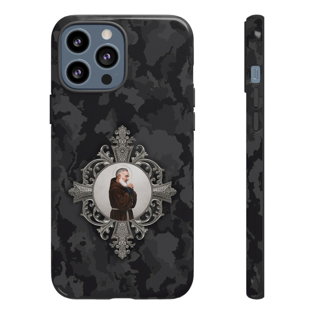 St. Padre Pio Hard Phone Case (Black Camo) Copyright VENXARA