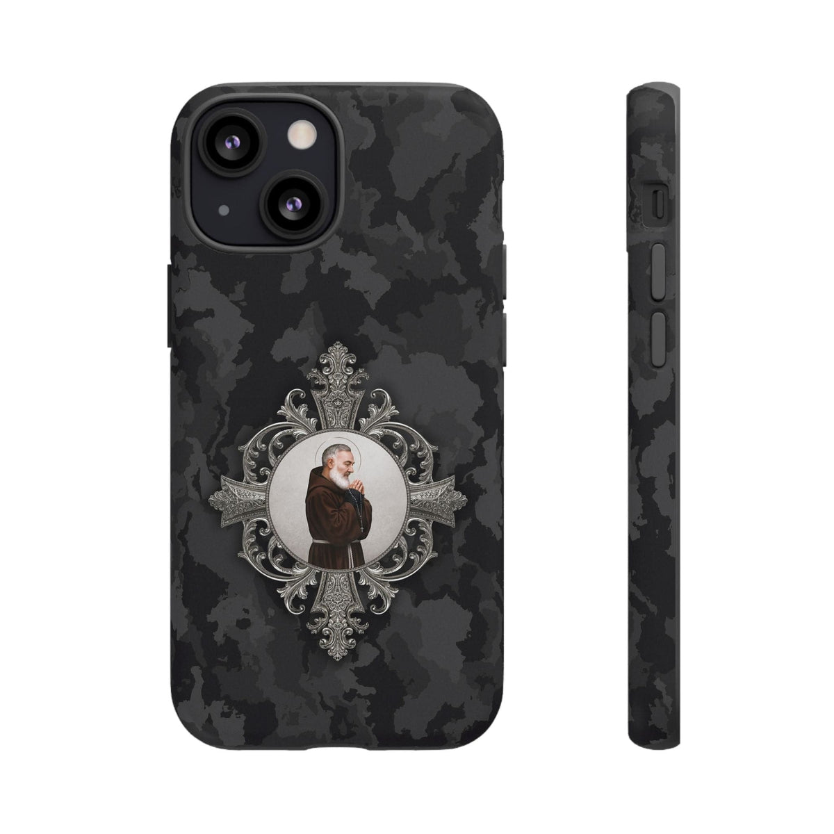 St. Padre Pio Hard Phone Case (Black Camo) Copyright VENXARA