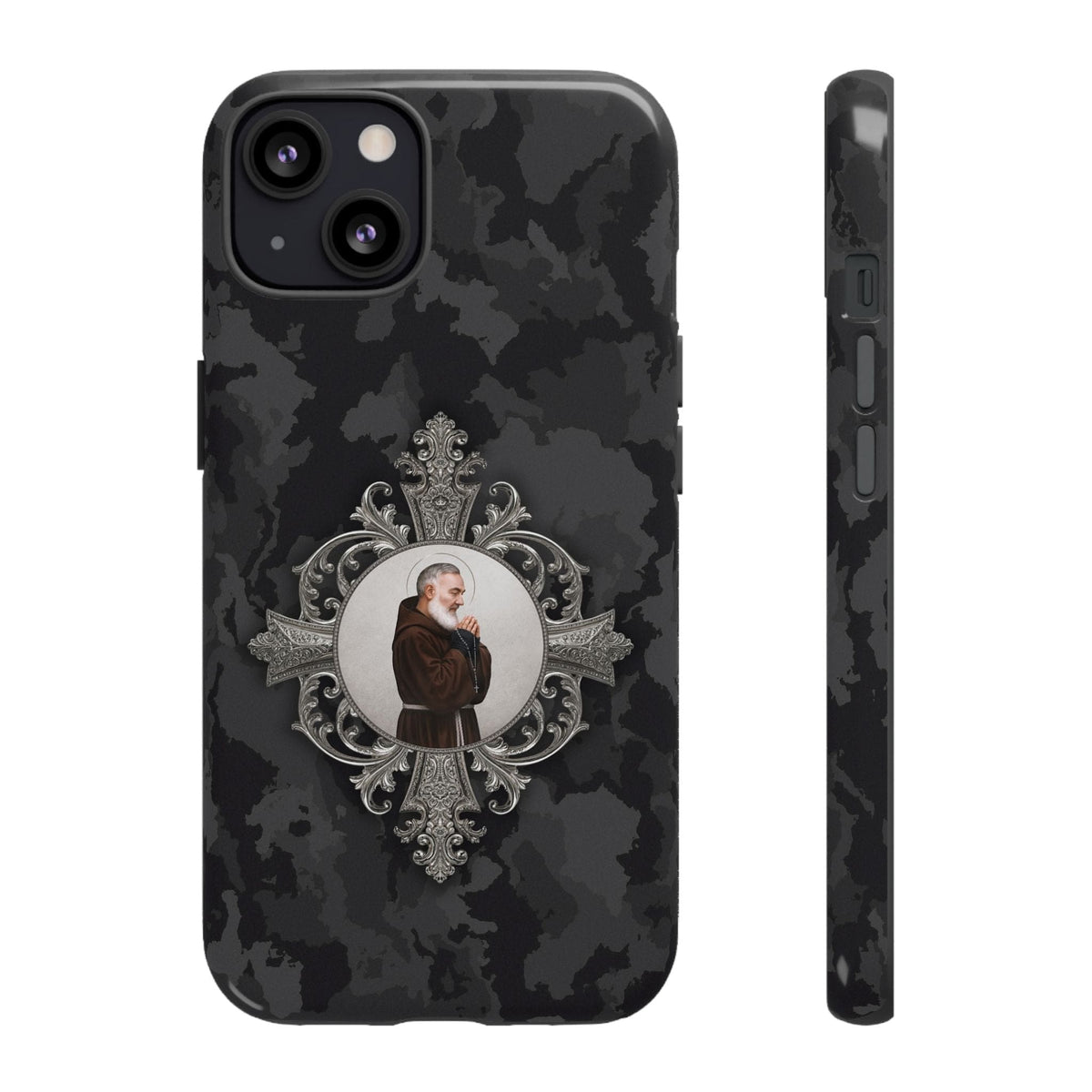St. Padre Pio Hard Phone Case (Black Camo) Copyright VENXARA