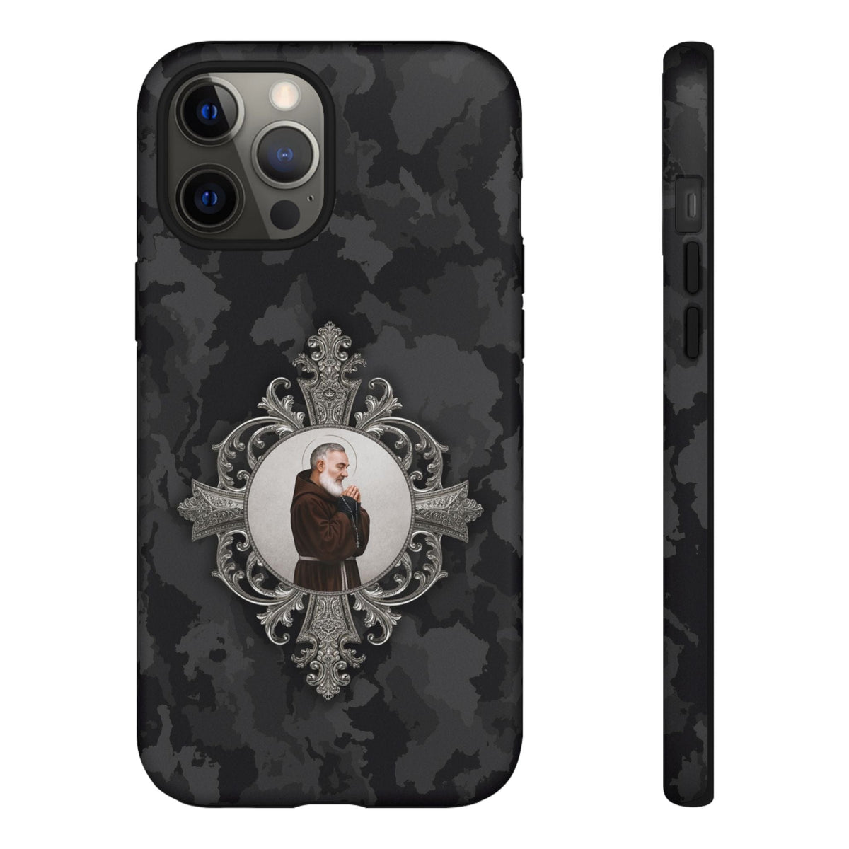 St. Padre Pio Hard Phone Case (Black Camo) Copyright VENXARA