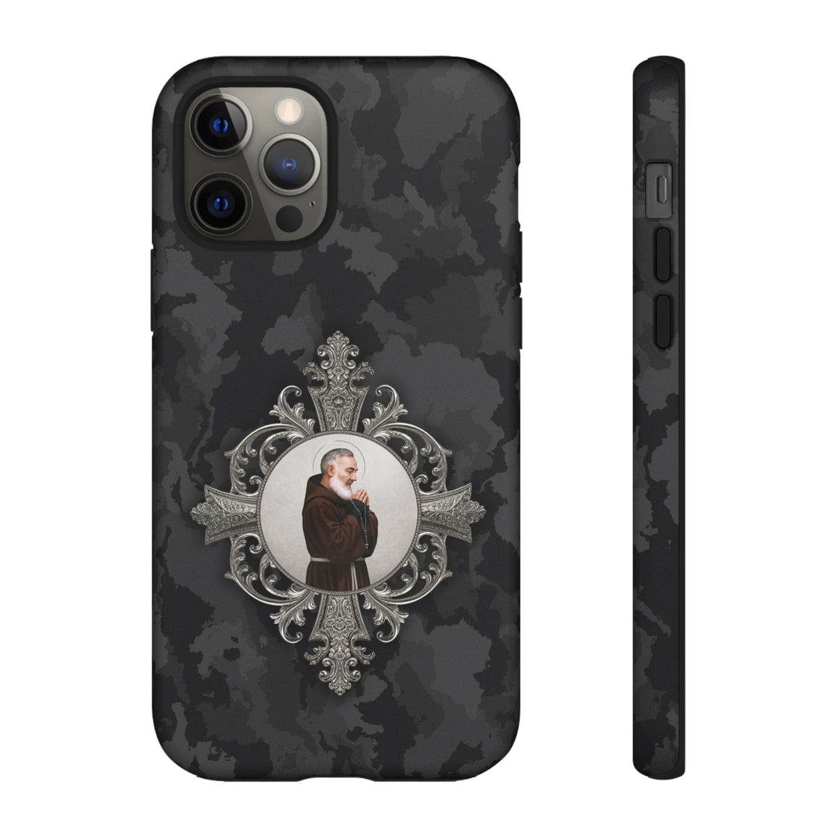 St. Padre Pio Hard Phone Case (Black Camo) Copyright VENXARA