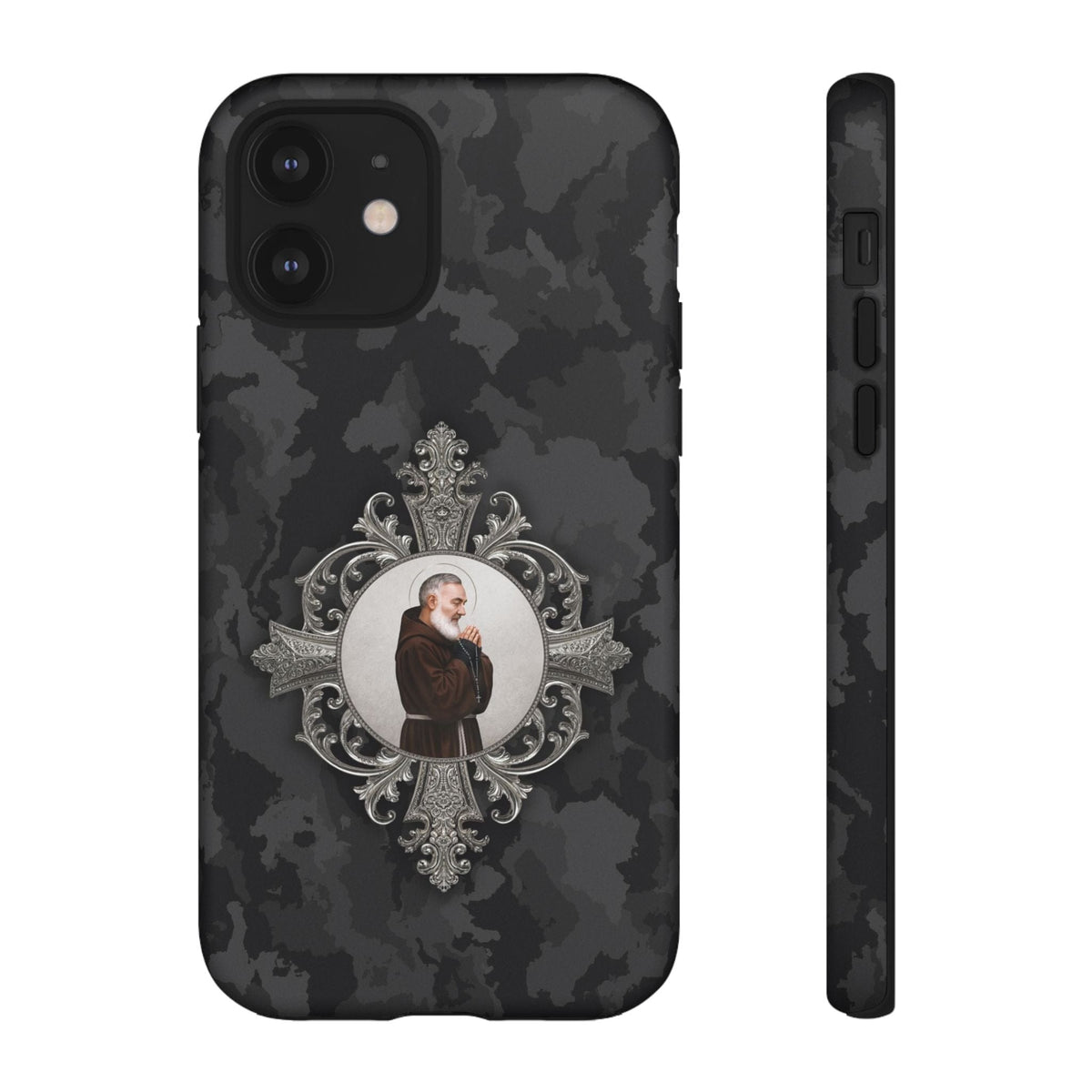 St. Padre Pio Hard Phone Case (Black Camo) Copyright VENXARA