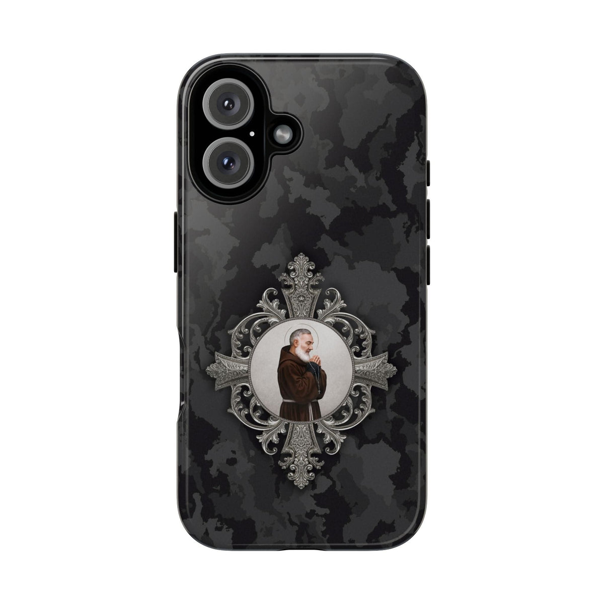 St. Padre Pio Hard Phone Case (Black Camo) Copyright VENXARA