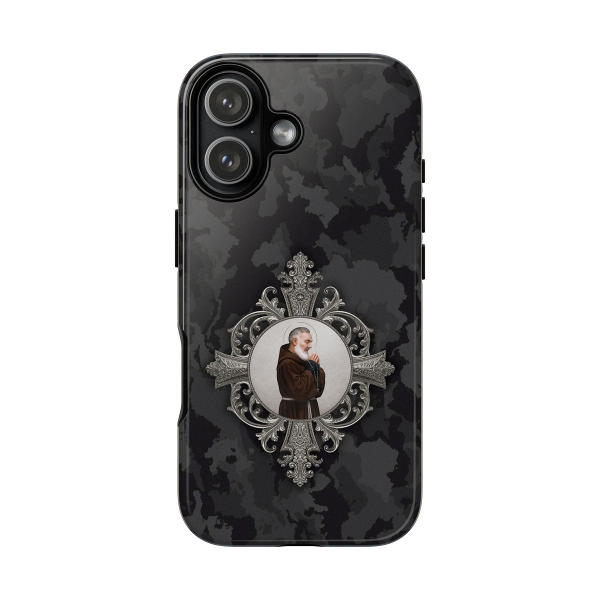 St. Padre Pio Hard Phone Case (Black Camo) Copyright VENXARA