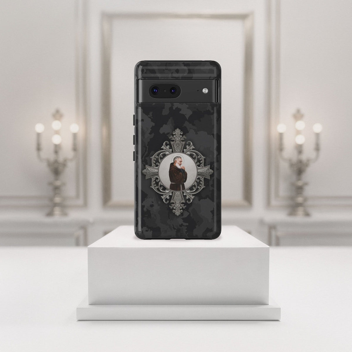 St. Padre Pio Hard Phone Case (Black Camo) Copyright VENXARA