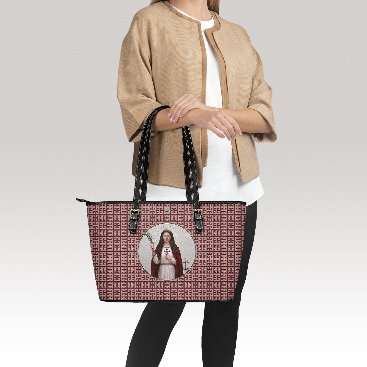 St. Philomena Greek Key Tote Bag (Red) - Venxara