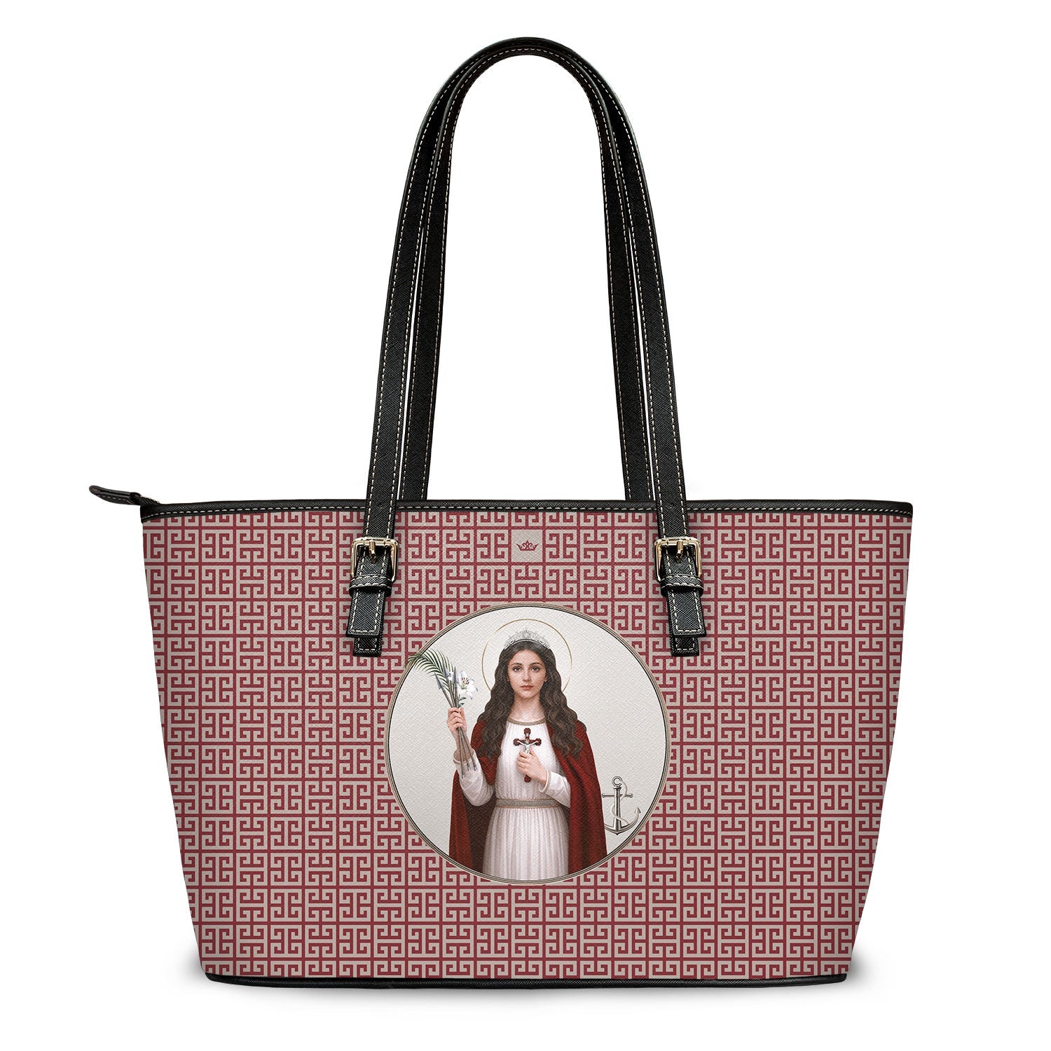 St. Philomena Greek Key Tote Bag (Red) - Venxara