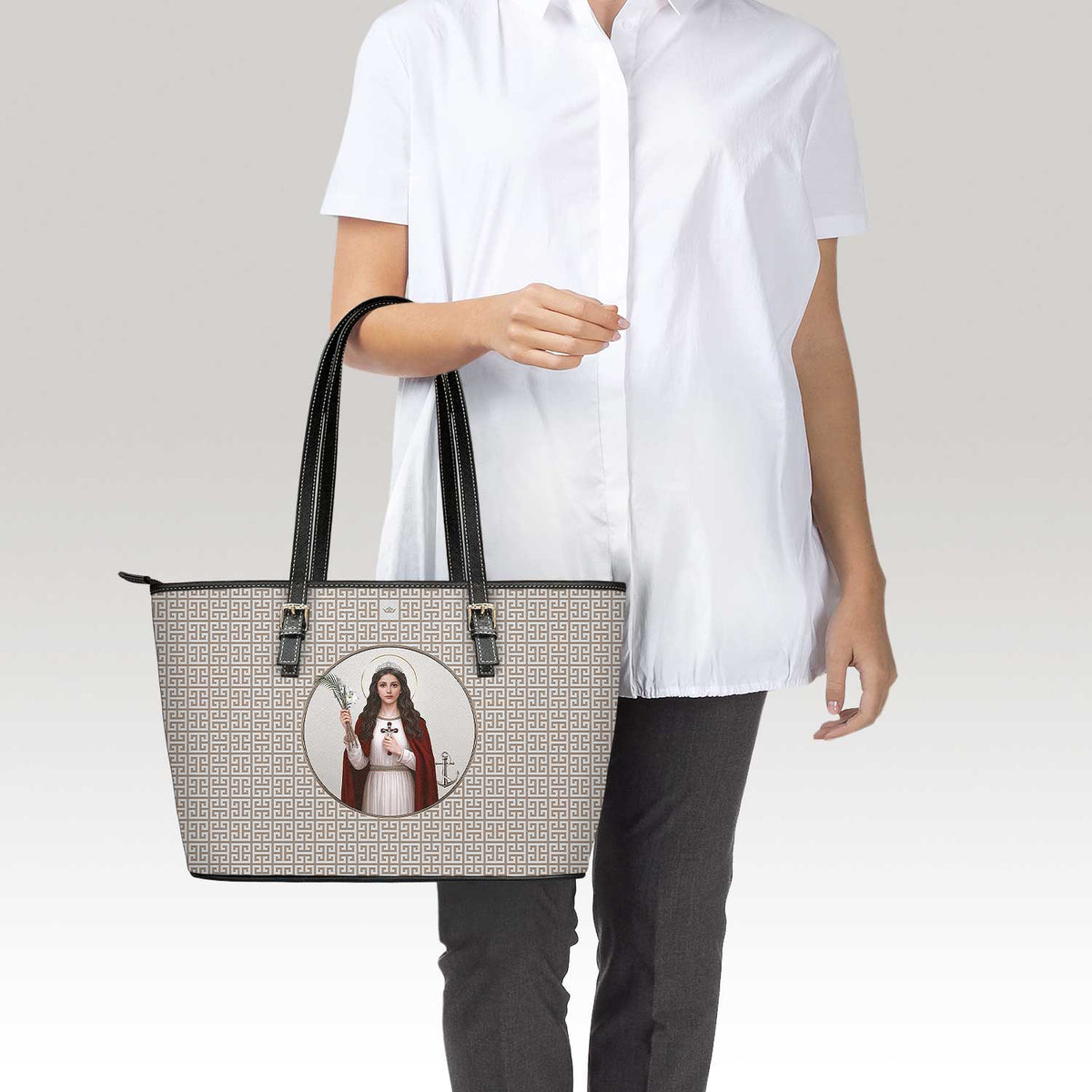 St. Philomena Greek Key Tote Bag (Tan) Copyright VENXARA