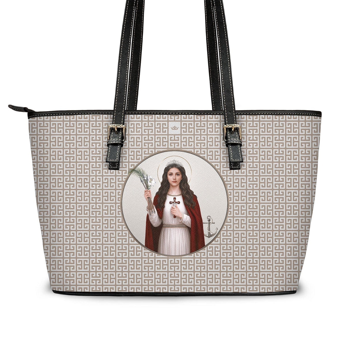 St. Philomena Greek Key Tote Bag (Tan) Copyright VENXARA