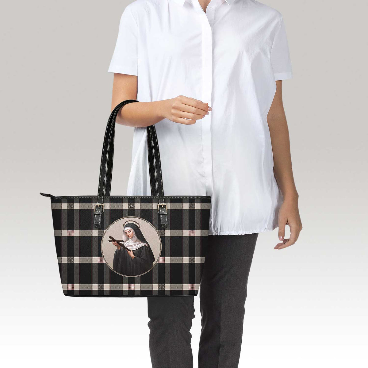 St. Rita of Cascia Tote Bag (Plaid) Copyright VENXARA
