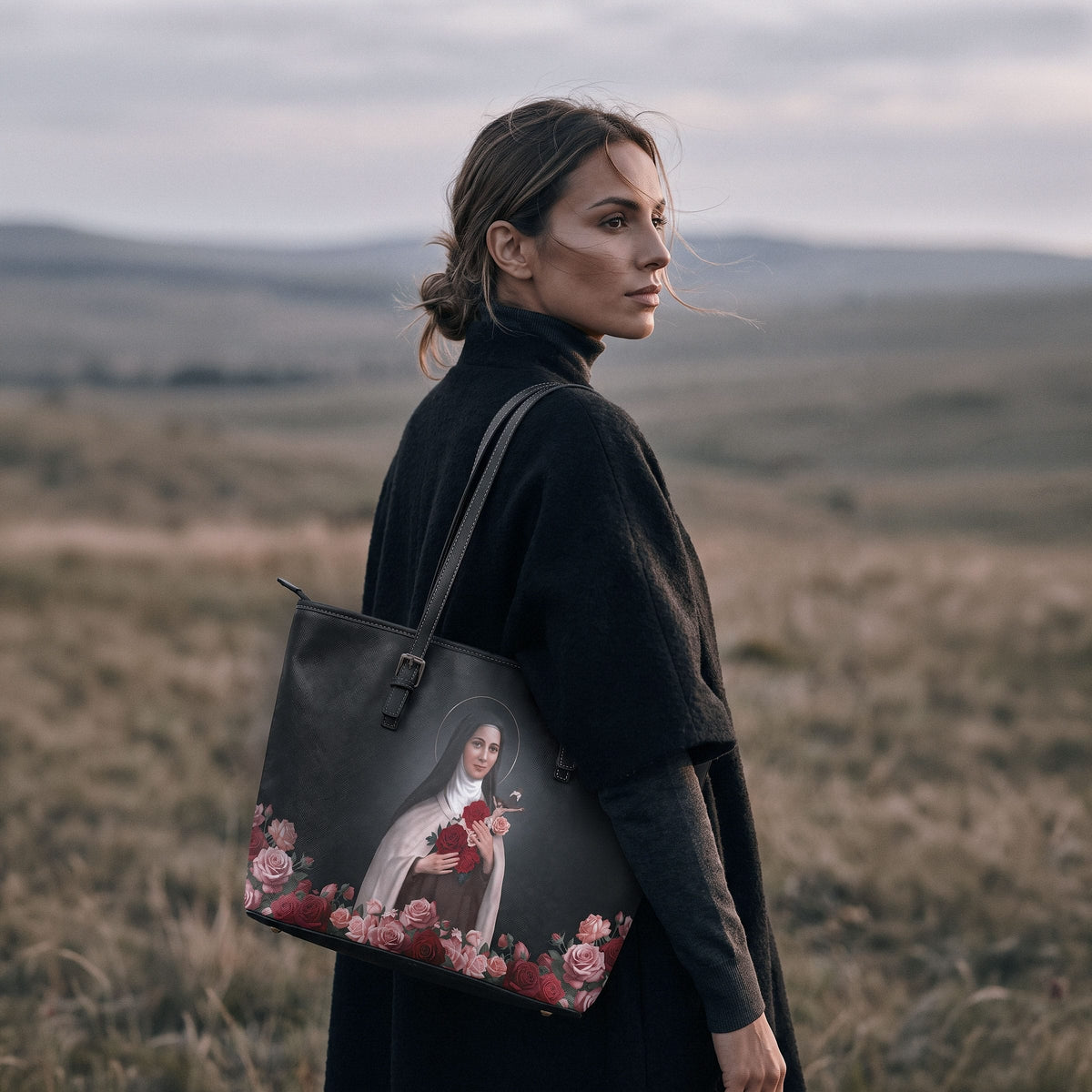 St. Therese of Lisieux Tote Bag (Black) Copyright VENXARA
