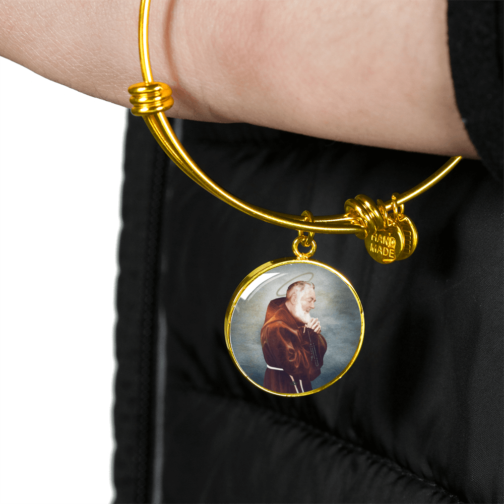 St. Pio Charm Bangle Bracelet in 18k Gold Finish