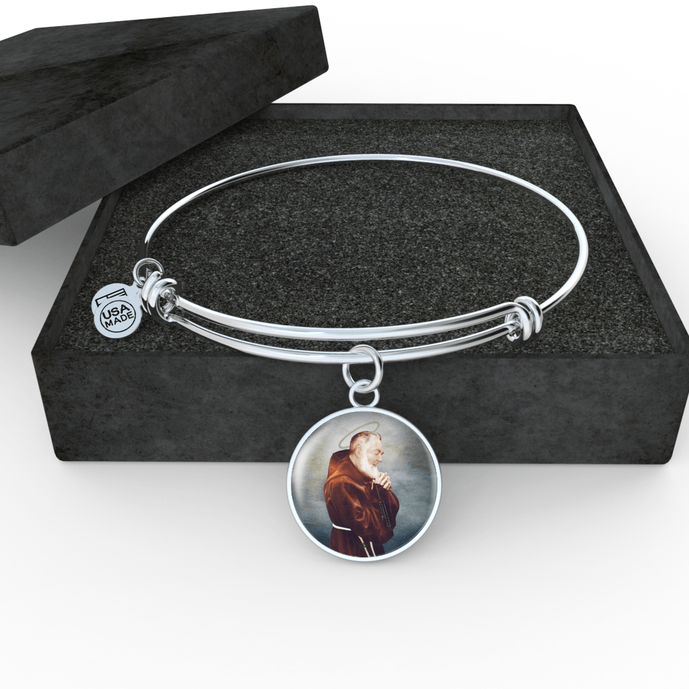St. Pio Charm Bangle Bracelet in Surgical Steel